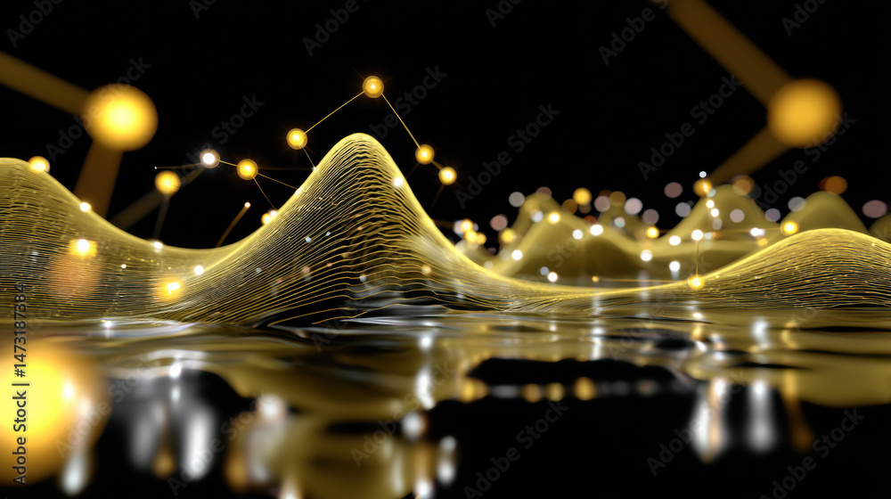 Aufkleber abstract golden network landscape with glowing nodes and lines, reflecting on a dark surface. digita