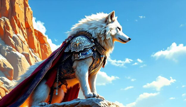 Majestic White Wolf in Armor, overlooking a breathtaking landscape