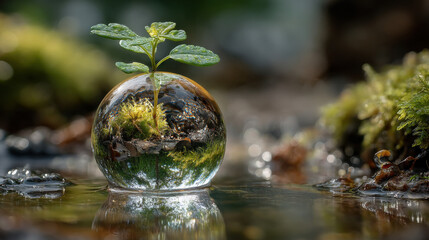 A tiny sprout emerges from a crystal sphere, reflecting a lush forest scene, resting gently on a tranquil stream's surface. : Generative AI