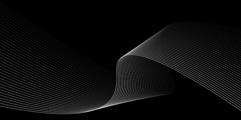 Abstract black background with flowing white curved lines creating a wave effect