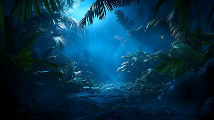 Obraz premium Mysterious, moonlit path through a dense, tropical rainforest at night. Deep blue hues and lush foliage create an eerie, yet captivating atmosphere.