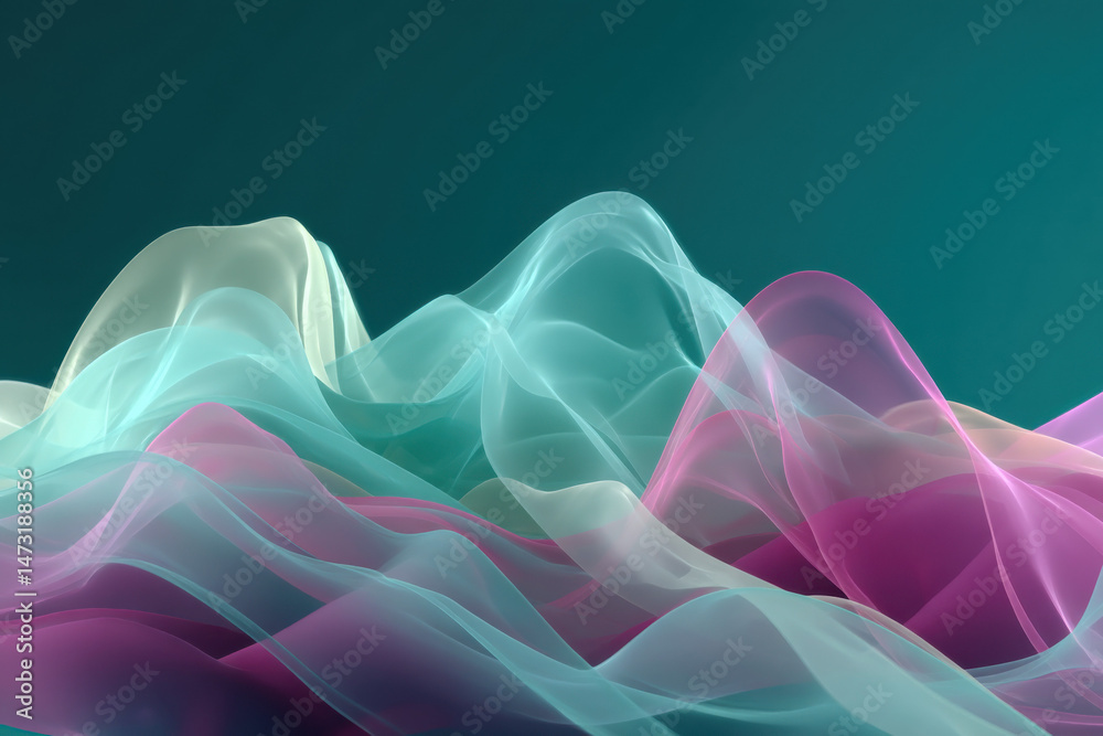 Poster abstract teal, pink, and cream fabric waves flowing dynamically against a deep teal backdrop, creati