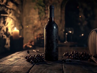 Wine bottle and grapes on wooden table