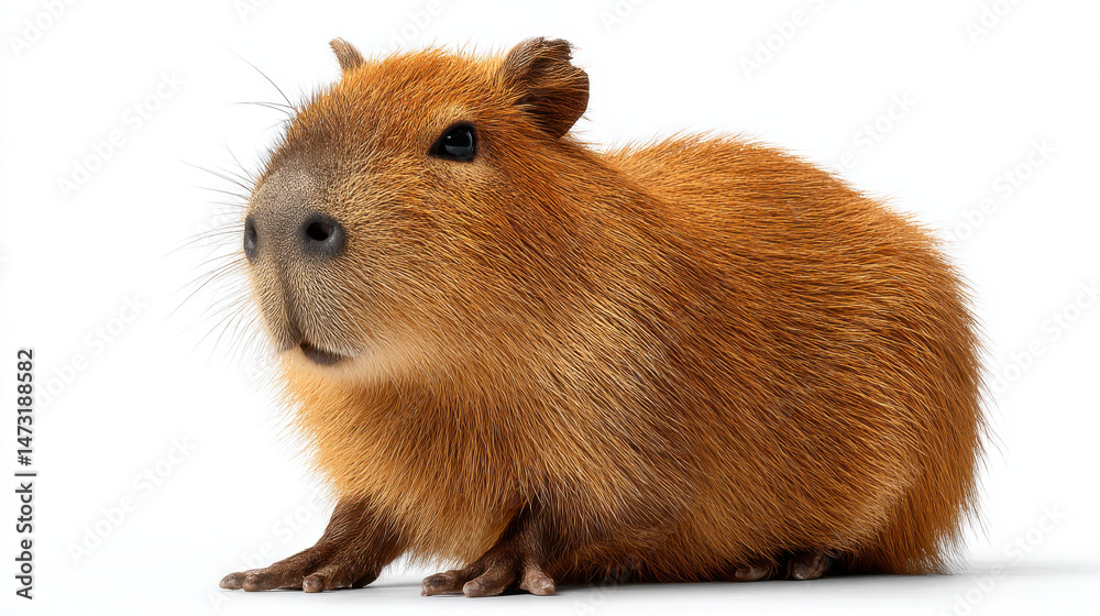 Poster adorable capybara portrait: a close-up of a young, reddish-brown capybara sitting against a white ba