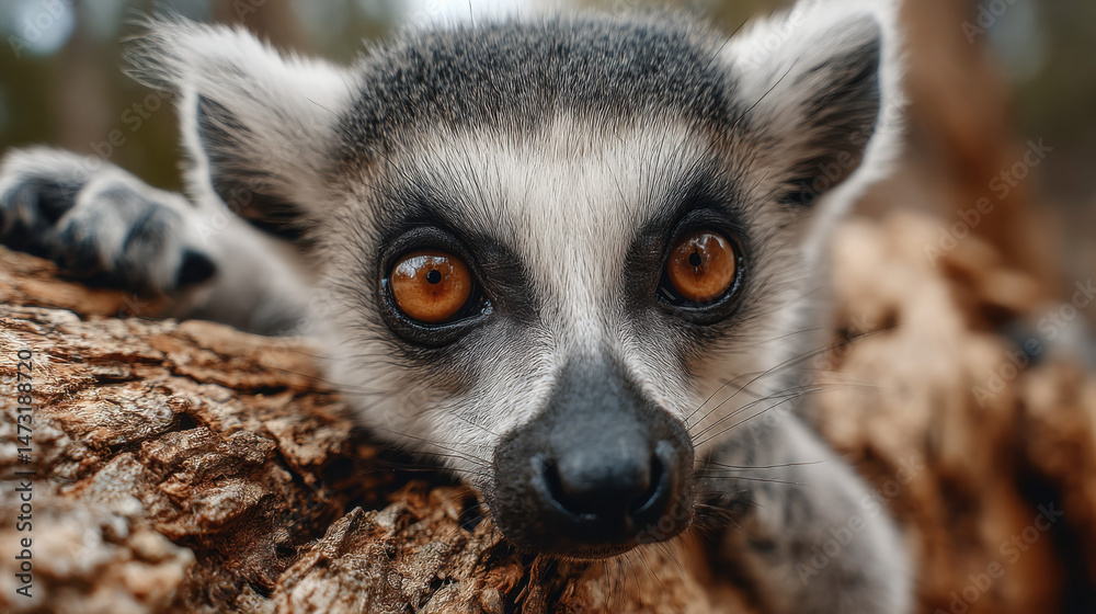 Poster close-up portrait of a ring-tailed lemur, its amber eyes captivating, resting on a textured tree tru