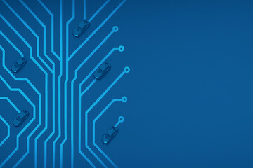 autonomous driving cars in the background of circuit board technology lines