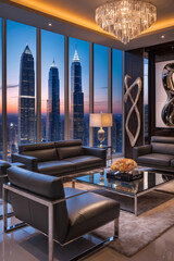 sunset view living room black couch in condo apartment high rise modern design elegant city skyline interior design photography