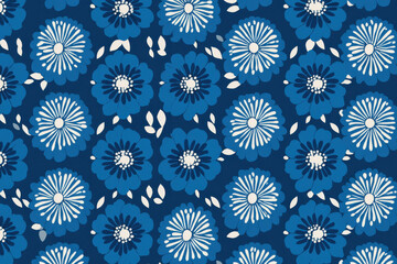 Seamless pattern featuring stylized blue and white flowers, perfect for textile prints, wallpaper, or surface design projects.  The design offers a vibrant and modern aesthetic. : Generative AI