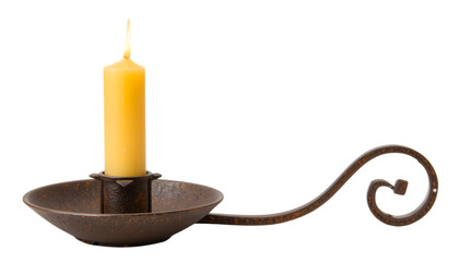 Colonial-Era Hand-Forged Candle Holder with Tall Beeswax Candle and Rusted Metal Patina, Isolated on White
