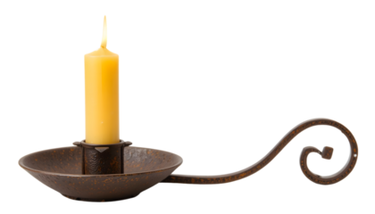 Colonial-Era Hand-Forged Candle Holder with Tall Beeswax Candle and Rusted Metal Patina, Isolated on White