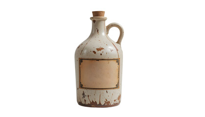 Rustic Appalachian Moonshine Jug with Cork Stopper and Faded Label, Aged Ceramic Texture on White Background