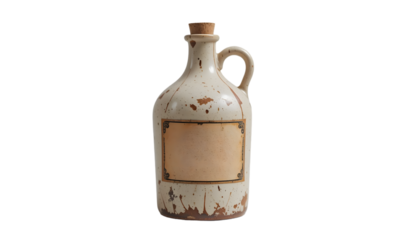 Rustic Appalachian Moonshine Jug with Cork Stopper and Faded Label, Aged Ceramic Texture on White Background
