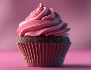A single delicious chocolate cupcake with swirls of pink frosting sits on a pink background, perfect for bakery or dessert themes. : Generative AI