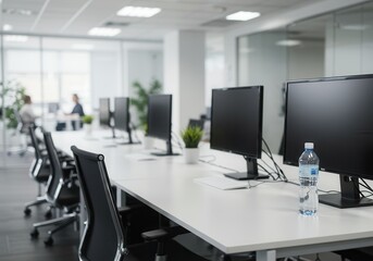 Modern office space with computers, desks, and chairs in a bright environment