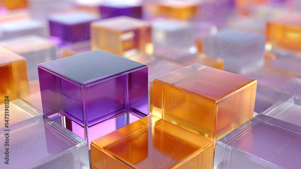 Poster abstract composition of translucent cubes in purple, orange, and lavender hues, showcasing a modern 