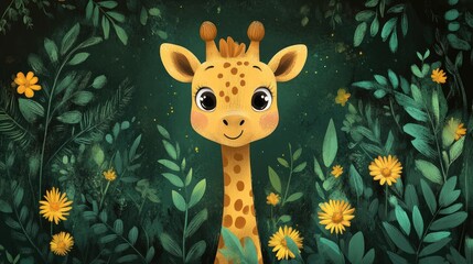 Cute giraffe in a lush green forest with flowers