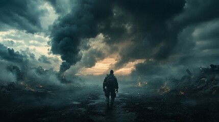 Obraz premium Soldier walks through a destroyed city, amidst smoke and debris. A lone figure. Dark clouds loom above