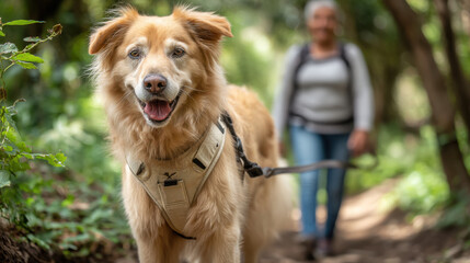 Happy golden retriever dog on a leash, walking with its owner on a forest trail.  The dog is looking directly at the camera, smiling, and wearing a beige harness. : Generative AI