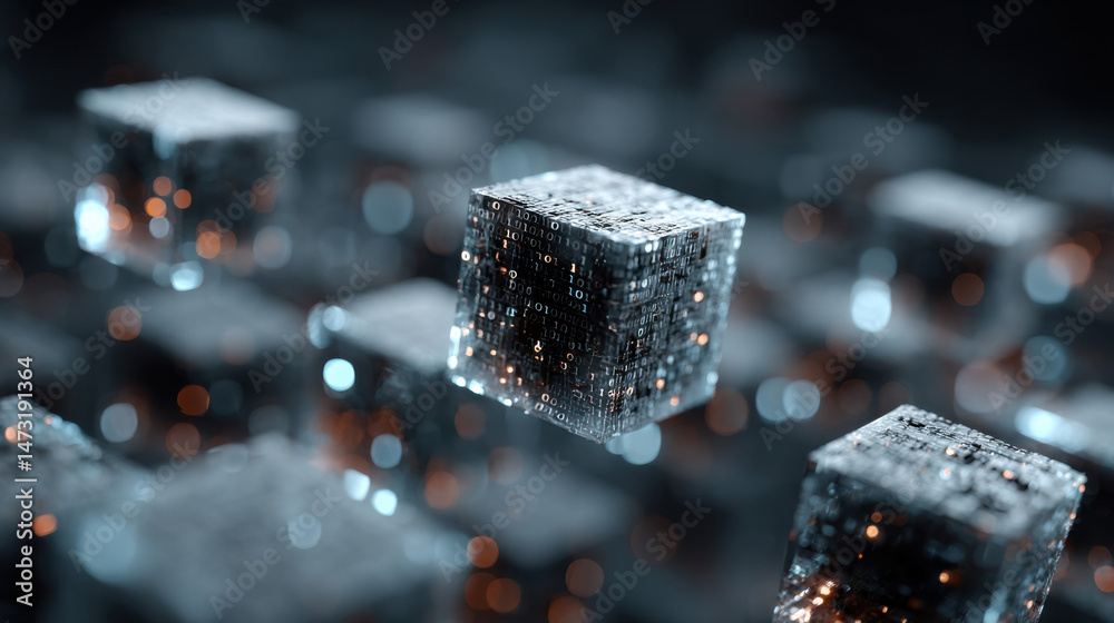 Poster Abstract digital cubes with binary code, glowing, futuristic technology concept.  Dark background, metallic texture, data visualization. : Generative AI