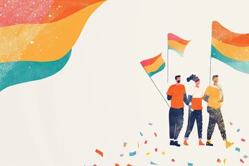 People with rainbow background flag celebrate Pride Month Day