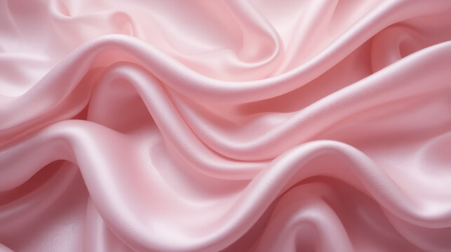 Soft pink silk fabric, flowing curves, gentle folds, delicate sheen, abstract waves, pastel tones, smooth texture, ethereal atmosphere, minimalist elegance, feminine aesthetic, dreamy background, sati