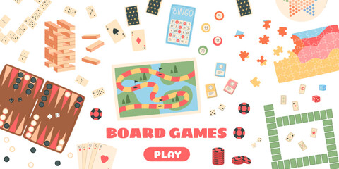 Flat boardgame banner with colorful pieces and dice. Puzzle tiles, cards, and bingo elements set for family table play. Isolated graphic for hobby, entertainment, party.