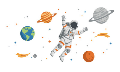 An astronaut in a white and orange spacesuit floats in space surrounded by the Earth, Saturn, Jupiter, Mars, a gray moon, and two comets with tails.