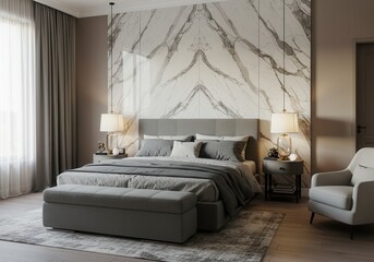 Elegant bedroom interior with marble wall and gray bedding