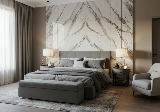 Elegant bedroom interior with marble wall and gray bedding