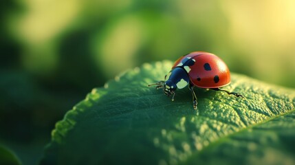 Fototapeta premium A ladybug on a green leaf bathed in sunlight, a macro shot showcasing the intricate details of both insect and plant.