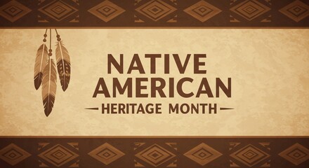 Heritage Month Banner with Native American Tribal Patterns, Feather Embellishments, and Soft Grainy Texture for Cultural Tribute