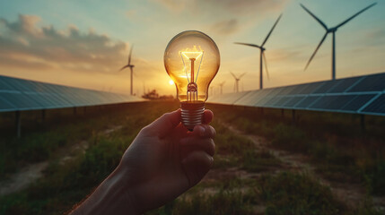A person holding a light bulb in front of a field of wind turbines. The light bulb represents the idea of renewable energy and the wind turbines represent the technology used to harness that energy
