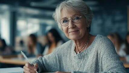 Portrait of a smiling senior student taking notes in her notebook during a university lecture, fully engaged in her lifelong learning journey and embracing new knowledge and skills