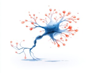 Fototapeta premium A colorful artistic depiction of a neuron cell with branching dendrites and a distinct nucleus on a white background.