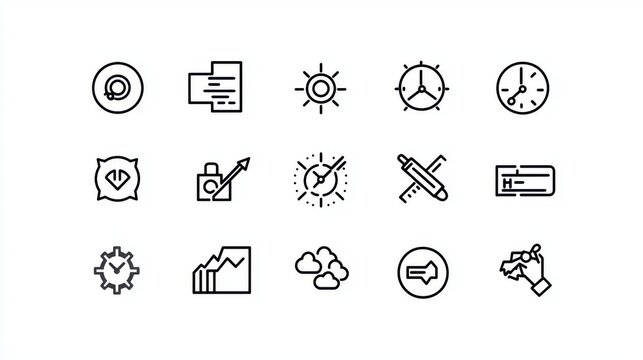 This image depicts a set of minimalist icons that represent a range of system tools used for monitoring optimizing and managing various aspects of technology and digital workflows