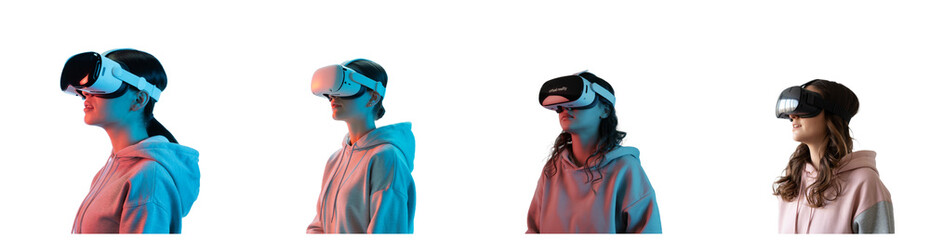 Diverse women experience virtual reality with headsets and hoodies on transparent background