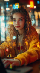 Obraz premium A woman with long red hair is sitting at a table with a laptop. She is wearing a yellow sweater and a white shirt