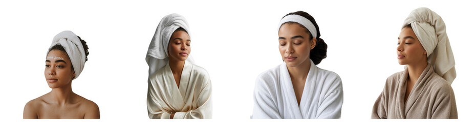 Four AfricanAmerican women are meditating in robes and towels on transparent background