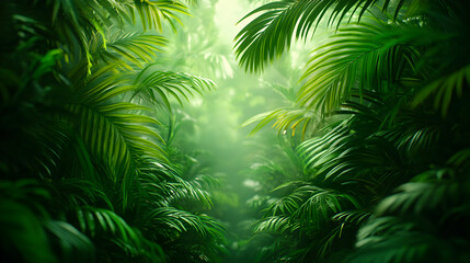 Lush tropical rainforest scene; vibrant green foliage creates a mysterious, tranquil atmosphere. Perfect for travel, nature, or adventure themes.