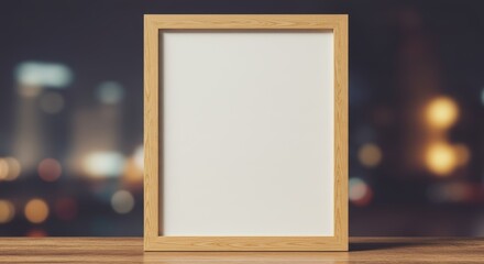 Modern Wooden Frame on Dark Background, City Lights at Night, Artwork Display