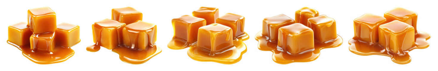 PNG Gooey caramel cubes melting deliciously, transparent background