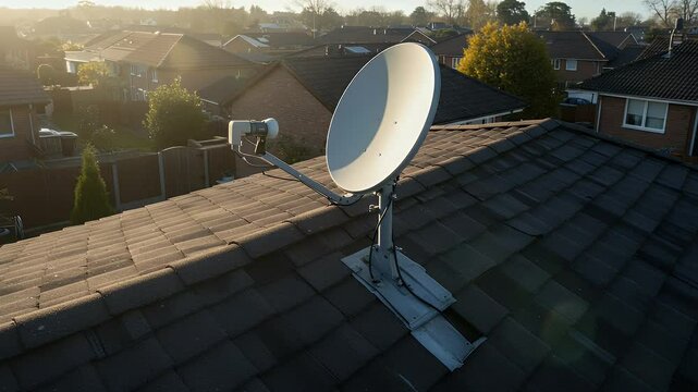 A satellite dish mounted on a rooftop overlooking suburban houses during sunset, capturing the serene evening atmosphere