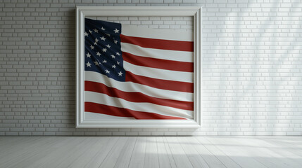 4th of July Independence Day theme, retro interior in USA flag color and photo frame mockup on brick wall background with striped wooden floor, festive concept for American national holidays