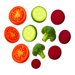 Top View of Fresh Sliced Tomatoes, Cucumbers, Beetroots, and Broccoli Florets Isolated on Black Background – Colorful Raw Vegetables for Healthy Eating, Salad Recipes, and Nutrition Concepts