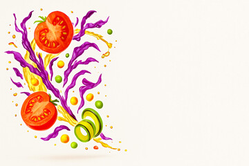 Artistic Splash of Fresh Tomato Halves, Purple Cabbage Strips, Cucumber Spirals, and Colorful Vegetable Drops on Light Background – Creative Healthy Food Concept with Dynamic Energy and Vibrant Colors