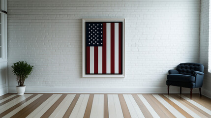 4th of July Independence Day theme, retro interior in USA flag color and photo frame mockup on brick wall background with striped wooden floor, festive concept for American national holidays
