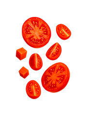 Assorted Fresh Tomato Cuts on Black Background – Whole Slices, Wedges, Cherry Halves, and Diced Cubes Displayed Creatively for Healthy Food, Salad Recipes, and Culinary Design