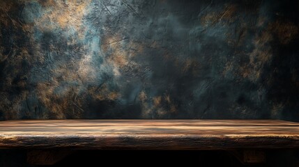 3D wooden table close-up against dark textured wall, high resolution for interior design concept