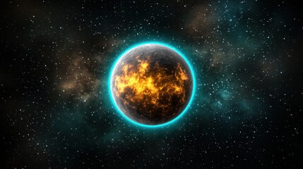 Obraz premium Fiery Planet in Cyan Nebula Cosmic Scene