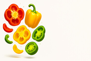 Colorful Floating Bell Peppers in Red, Yellow, and Green – Whole, Sliced, and Halved Capsicum on Light Background for Fresh Vegetable Concept, Healthy Cooking, and Vegan Food Design